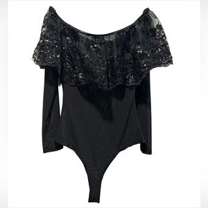 NWT Windsor Black Mesh Off Shoulder Sequin Detail Bodysuit